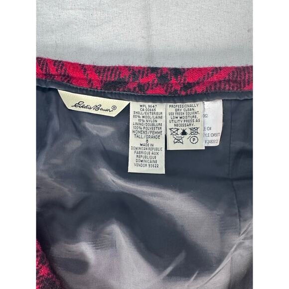 VTG Eddie Bauer Women's sz 8 Wool Blend Red & Black Plaid Midi Skirt 90s Fringe - Picture 4 of 10